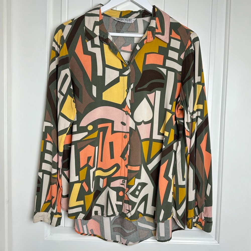 Big Dart statement abstract artistic multi color long sleeve button down size 6 - Picture 2 of 8